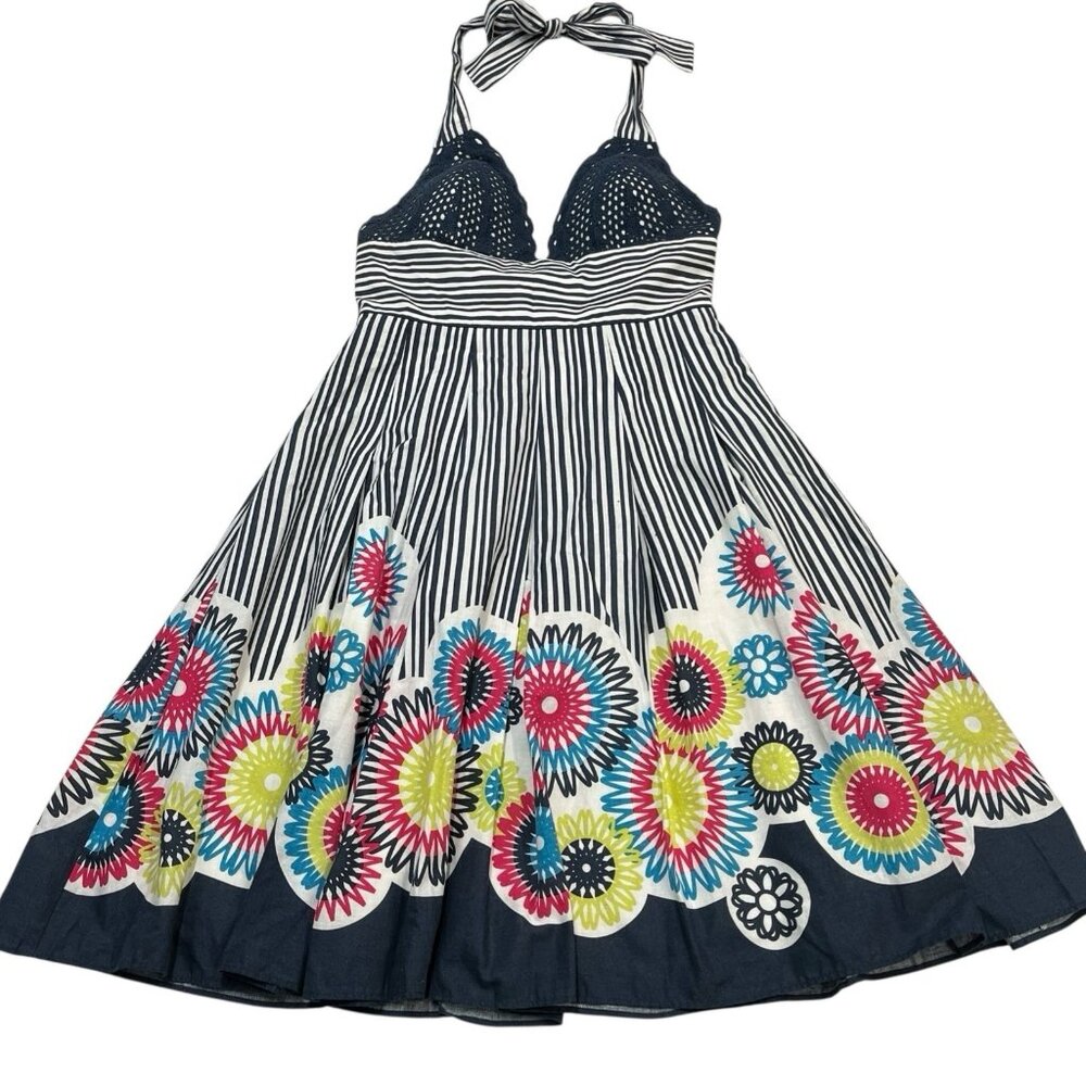 Lyndia Procanik Y2K Dress Womens‎ 4 Blue Mixed Floral Striped Crochet Mini Boho